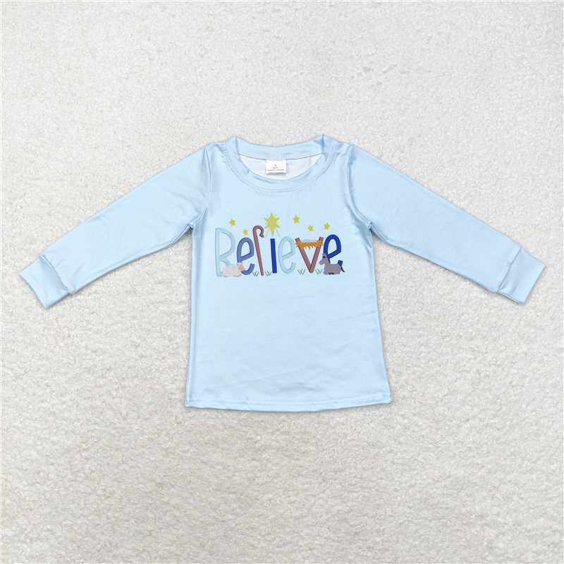 RTS NO MOQ  BT0775 BLP0504 Sky blue long-sleeved suit & long-sleeved top with colorful letter pattern