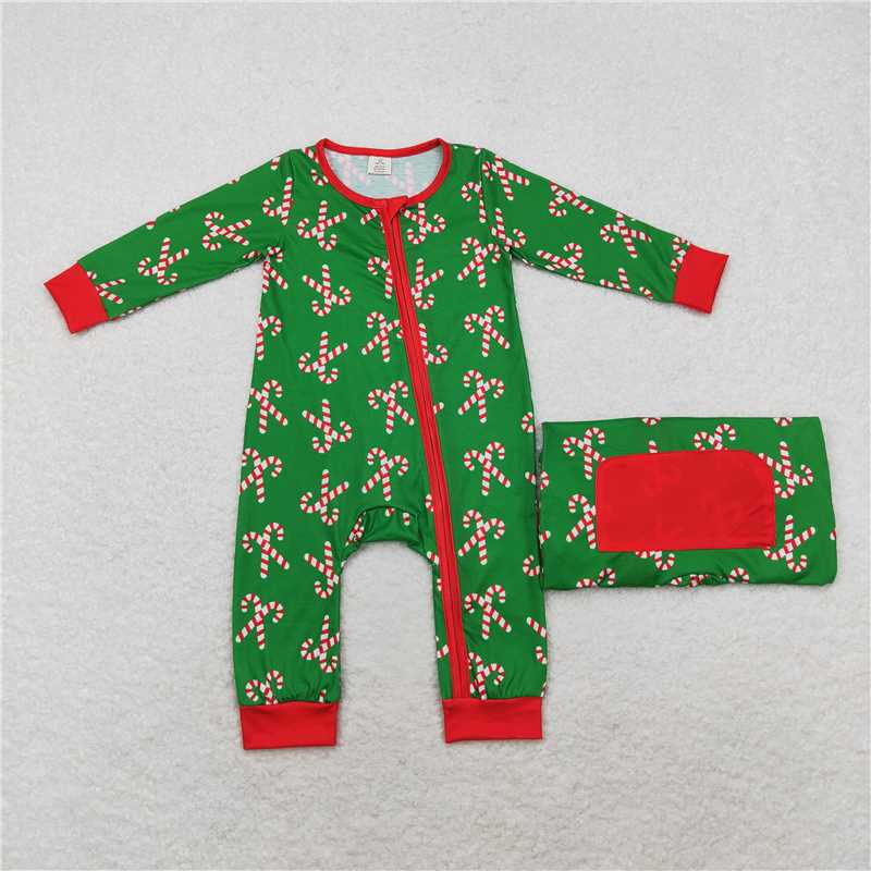 RTS NO MOQ Green long-sleeved suit with red striped cane pattern & romper