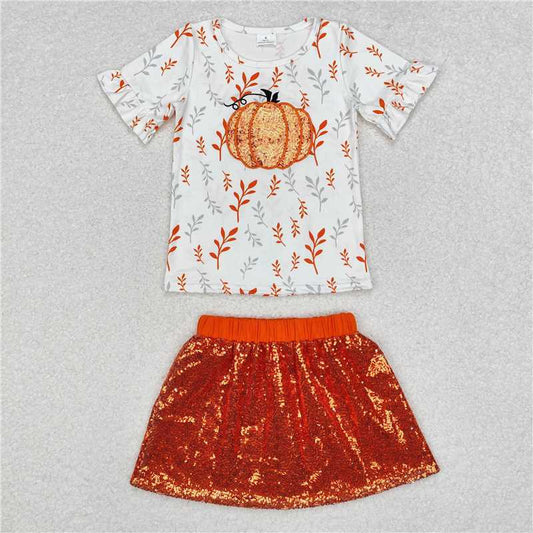 RTS NO MOQ ETA 5/7days GSD1399 Embroidered pumpkin white short sleeve orange sequin skirt suit-GSD1437组合