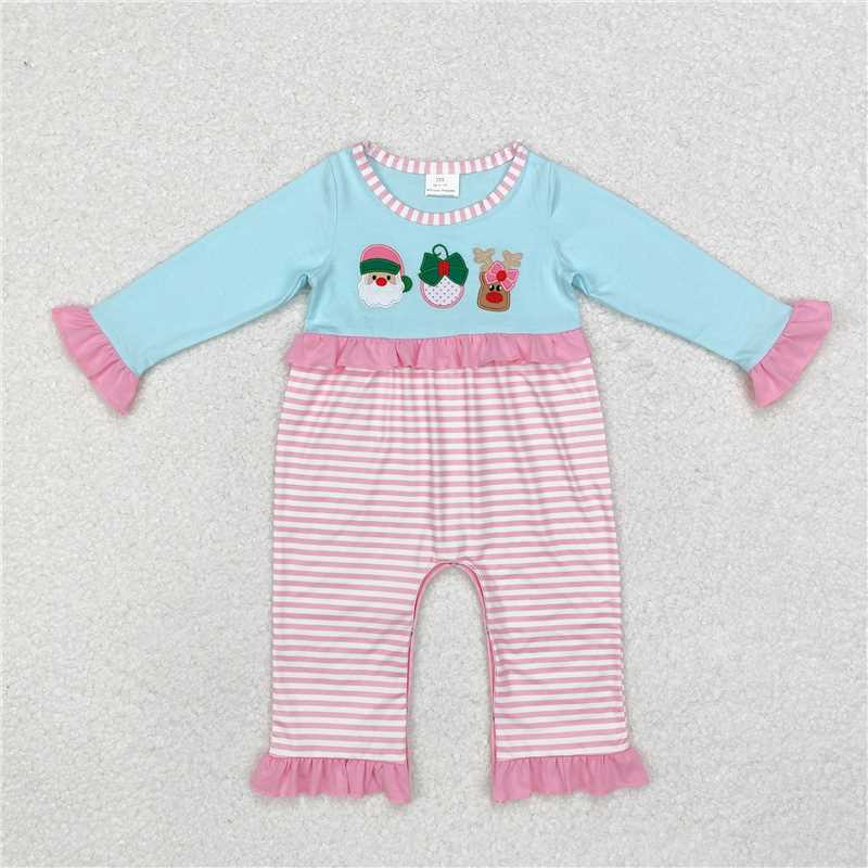 RTS NO MOQ LR1662 LR1476 LR1587 LR1588 Embroidered Santa Claus-Christmas Tree Striped Long Romper