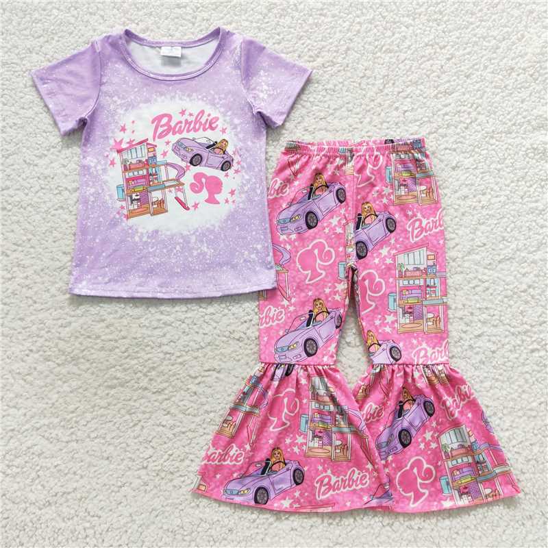 RTS NO MOQ Baby Girl Cartoon Barbie Short Sleeve Top Pants Set