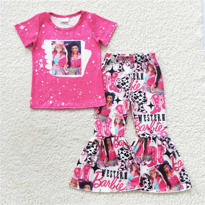 RTS NO MOQ Baby Girl Cartoon Barbie Short Sleeve Top Pants Set