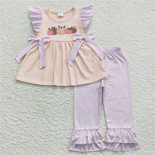 rts no moq GSPO0783Girls Embroidered Pumpkin Pink Fly Sleeve Purple Striped Trousers