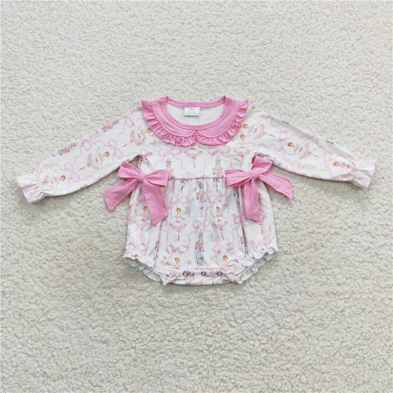 RTS NO MOQ Dancing Girl Print Pink Bow-Pleated Baby Collar Long Sleeve Suit & Long Sleeve Short Climbing Suit