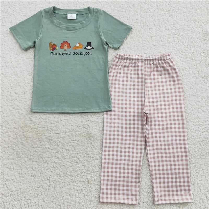 RTS	 GSPO0827 cotton fabric with viny  god is great offset turkey pocket green short god is great offset turkey plaid bow green short-sleeved jumpsuit