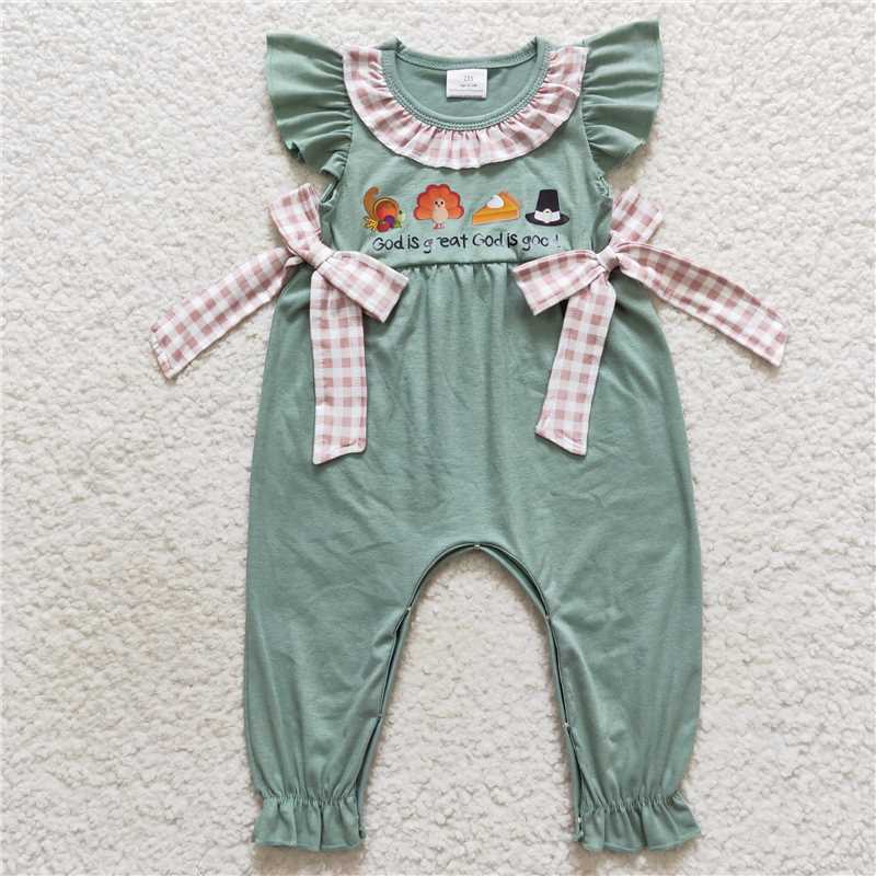 RTS	 GSPO0827 cotton fabric with viny  god is great offset turkey pocket green short god is great offset turkey plaid bow green short-sleeved jumpsuit