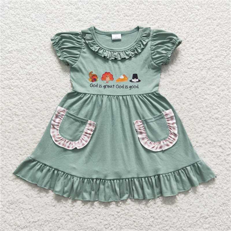 RTS	 GSPO0827 cotton fabric with viny  god is great offset turkey pocket green short god is great offset turkey plaid bow green short-sleeved jumpsuit