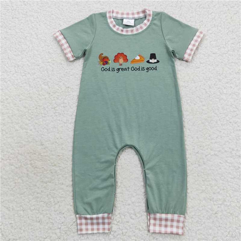 RTS	 GSPO0827 cotton fabric with viny  god is great offset turkey pocket green short god is great offset turkey plaid bow green short-sleeved jumpsuit