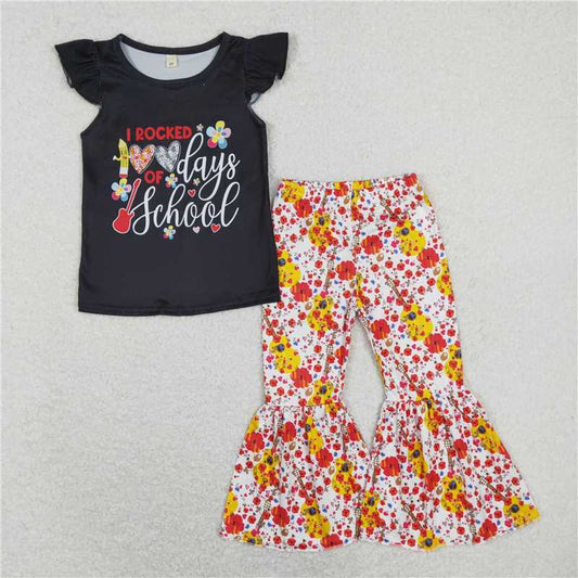 RTS SALES NO MOQ G3-8-9\]' Colorful floral letters black flying sleeve trousers