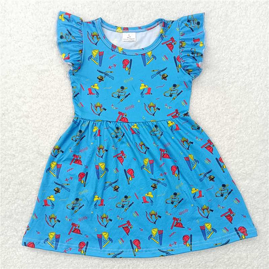 "G6-7-2/.'[ Color tool blue flying sleeve dress"