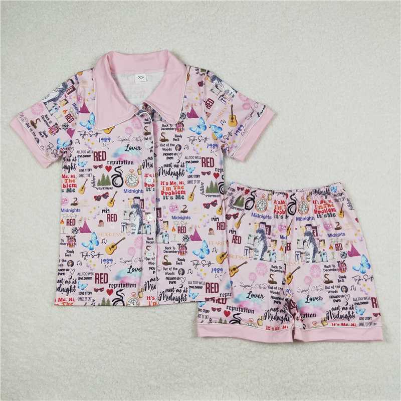 RTS NO MOQ Adult Girls European and American Female Singer Printed Button Cardigan Short Sleeve Shorts Pajama Set