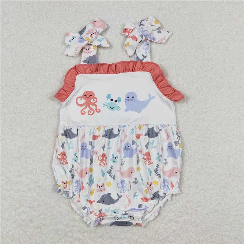 RTS	 BSSO0671 Octopus Crab Seal Brick Red Short Sleeve White Shorts Set Sibling Sister Clothes