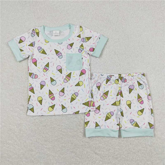 BSSO0622 Ice cream teal pocket white short-sleeved shorts pajama set