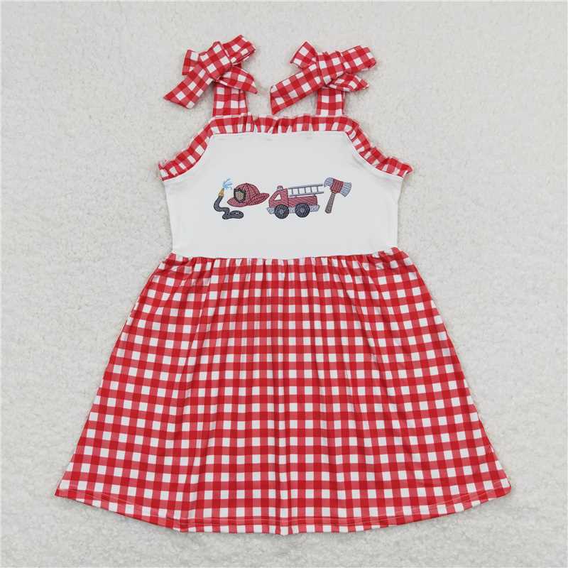 RTS	 GSD0906  Fire Engine Red and White Plaid Lace Slip Dress Sibling Sister Clothes