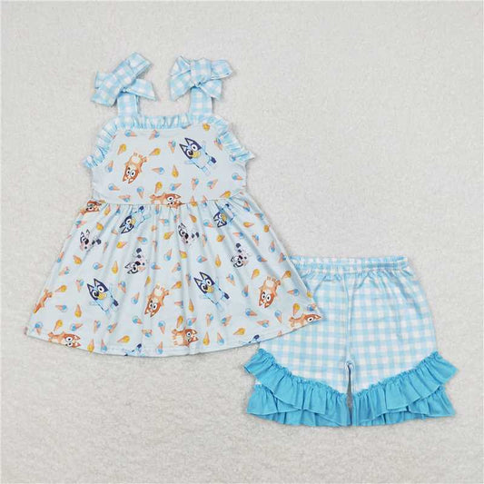 GSSO0683  bluey ice cream blue plaid lace bow suspender