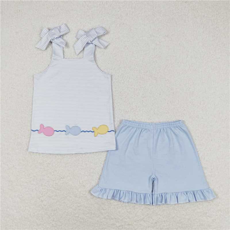 RTS NO MOQ Girls clothes embroidery fish short sleeve Clothes Sets romper