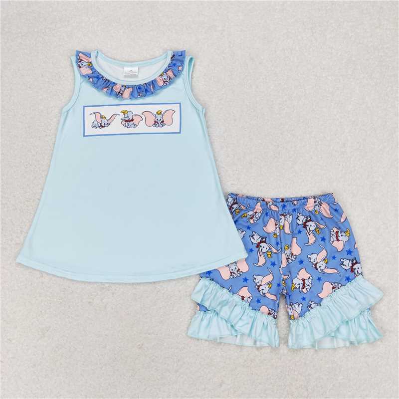 RTS no moq GSSO1203 Cartoon elephant blue lace sleeveless shorts suit