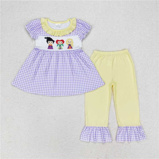 RTS no moq GSPO1535 hocus pocus witch purple plaid short-sleeved yellow trousers suit