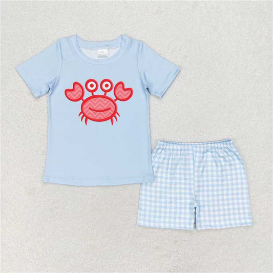 rts no moq  BSSO0808 Crab blue short-sleeved plaid shorts suit