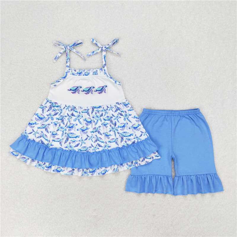 RTS Embroidered turtle blue short-sleeved shorts set