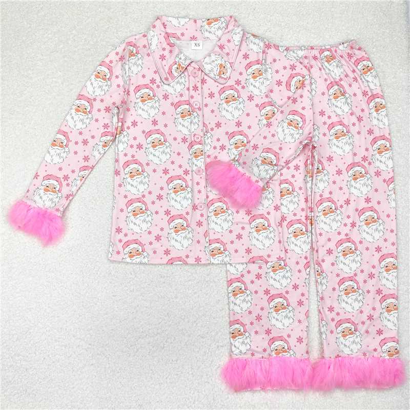 RTS NO MOQ GLP1901 GLP1900 Pink Cartoon Santa Claus Plush Cuffs-Buttons Long Sleeves and Long Pants Pajama Set: Adults & Children