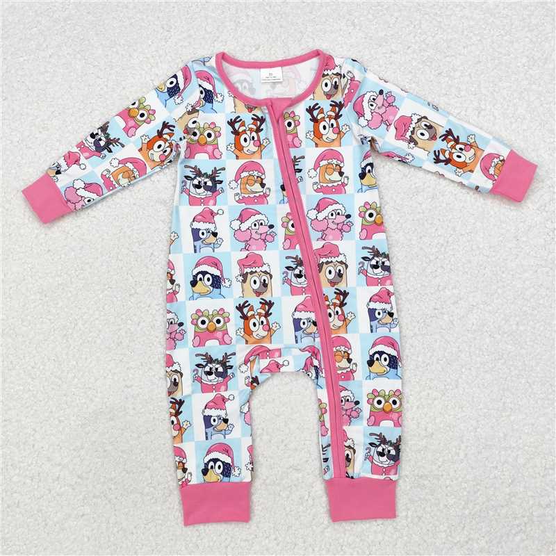 RTS NO MOQ GLP1805+LR1783 Baby kids pink Santa hat puppy blue and white plaid long-sleeved pants suit & romper