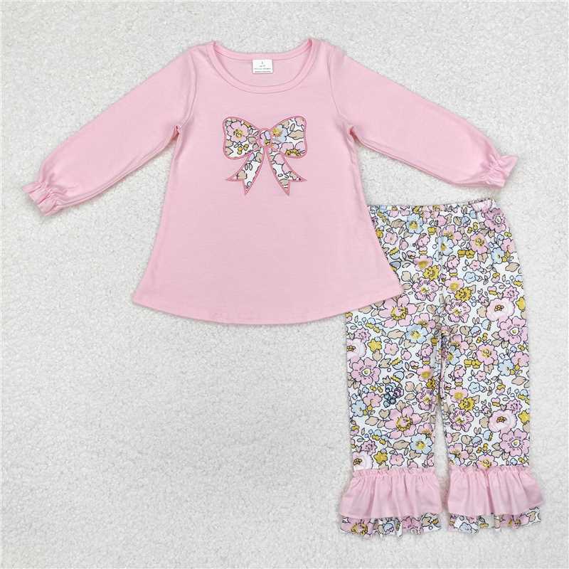 RTS NO MOQ Embroidered flower bow pattern pink long-sleeved pant set romper top