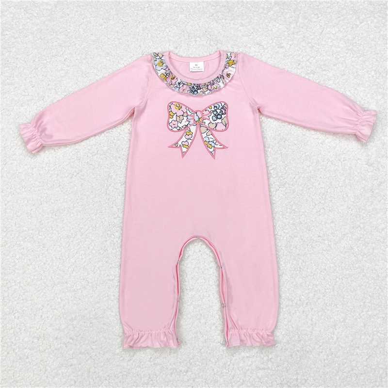 RTS NO MOQ Embroidered flower bow pattern pink long-sleeved pant set romper top