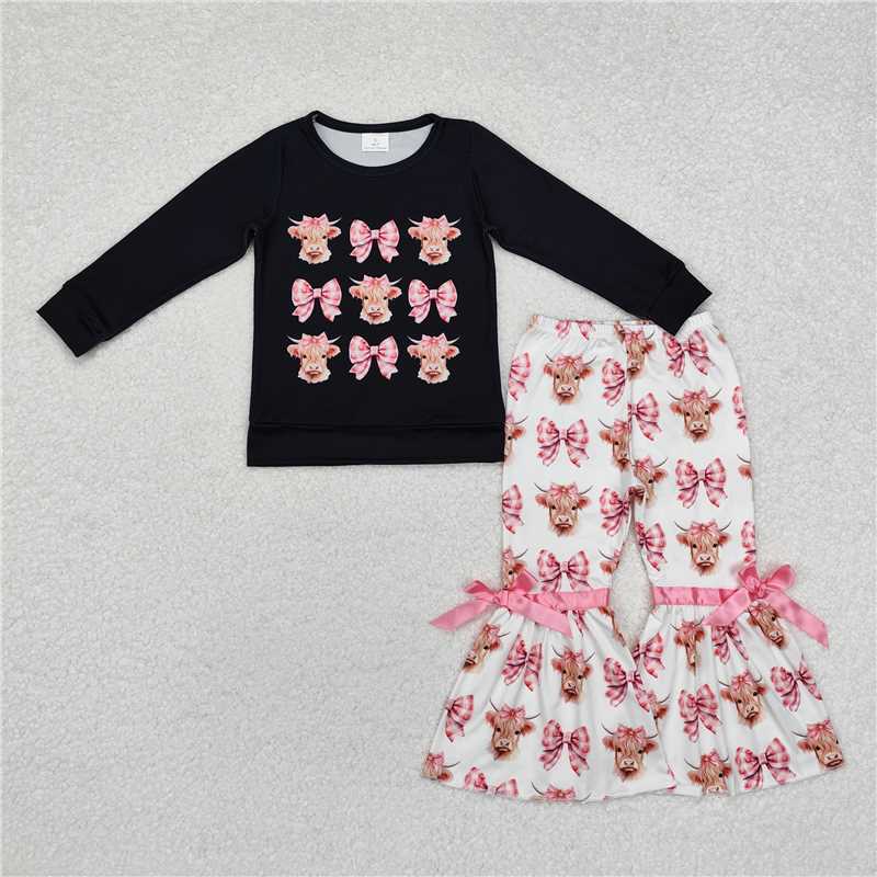 RTS NO MOQ Sibling baby girl clothes Christmas Long Sleeve Top-Bow Flared Pants Set