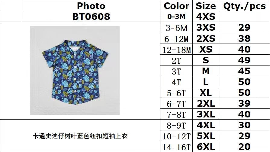 rts no moq BT0608 Cartoon Stitch Leaves Blue Button Short Sleeve Top