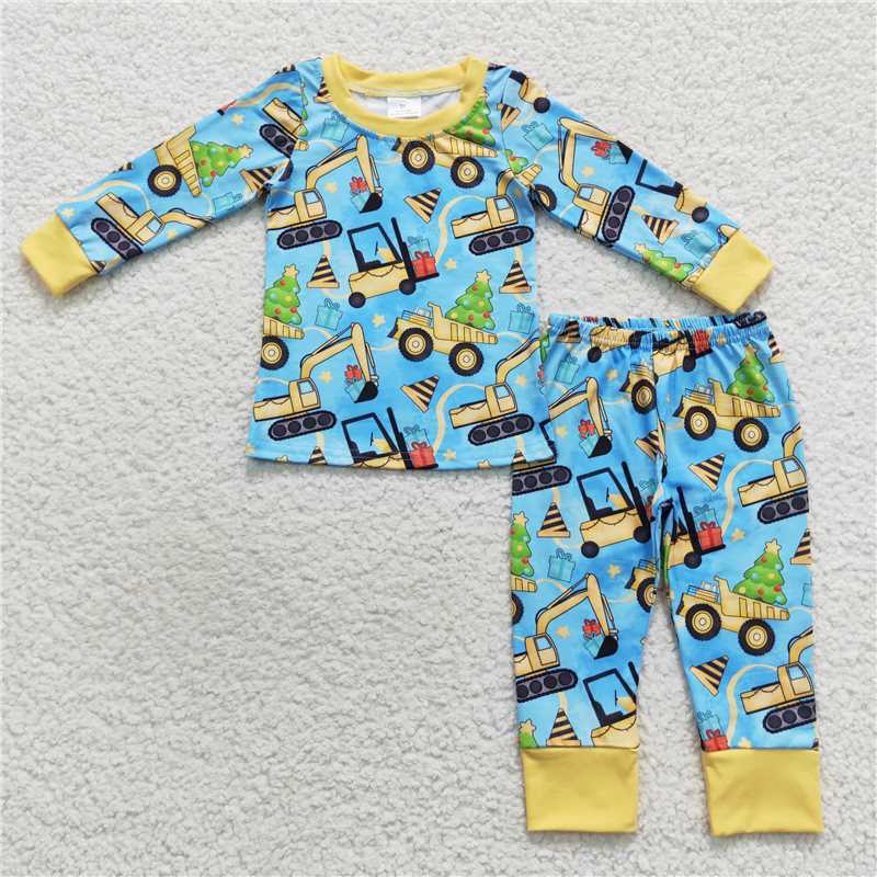 RTS NO MOQ Baby Boys Construction Truck Print Long Sleeve Trousers Set