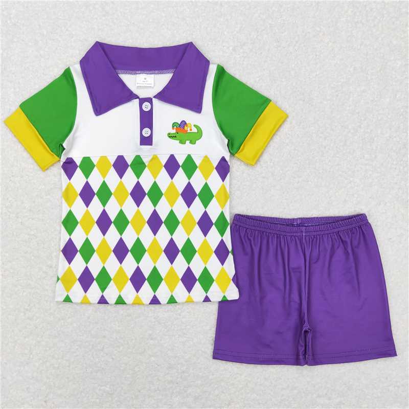 RTS NO MOQ GSSO0444 BSSO0467 BSSO0311 BSSO0410 Baby Girls and Boys Masked Party Purple Short Sleeve Shorts Set