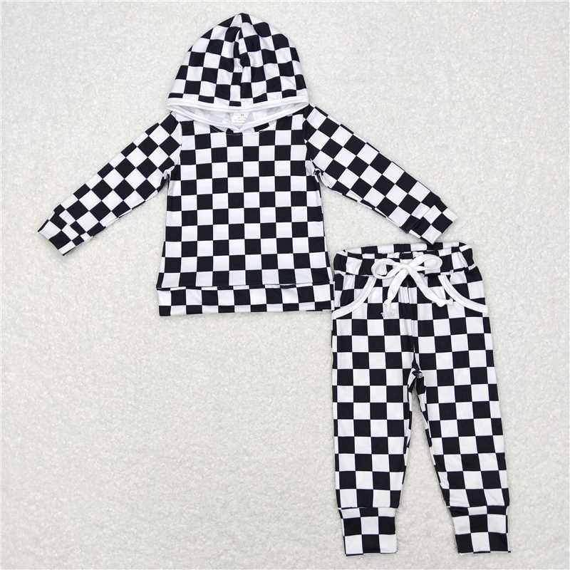 RTS NO MOQ BLP0786 BLP0434 P0349 Black and white plaid hooded long-sleeved suit & long-sleeved suit & denim flared pants