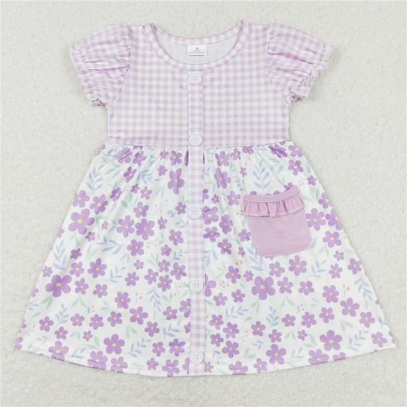 GBO0214   GSD0577  RTS  Flower purple and white plaid short-sleeved briefs suit Floral Purple and White Plaid Button Short Sleeve Dress