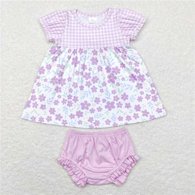 GBO0214   GSD0577  RTS  Flower purple and white plaid short-sleeved briefs suit Floral Purple and White Plaid Button Short Sleeve Dress