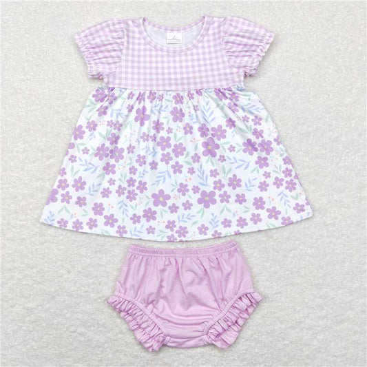 GBO0214   GSD0577  RTS  Flower purple and white plaid short-sleeved briefs suit Floral Purple and White Plaid Button Short Sleeve Dress