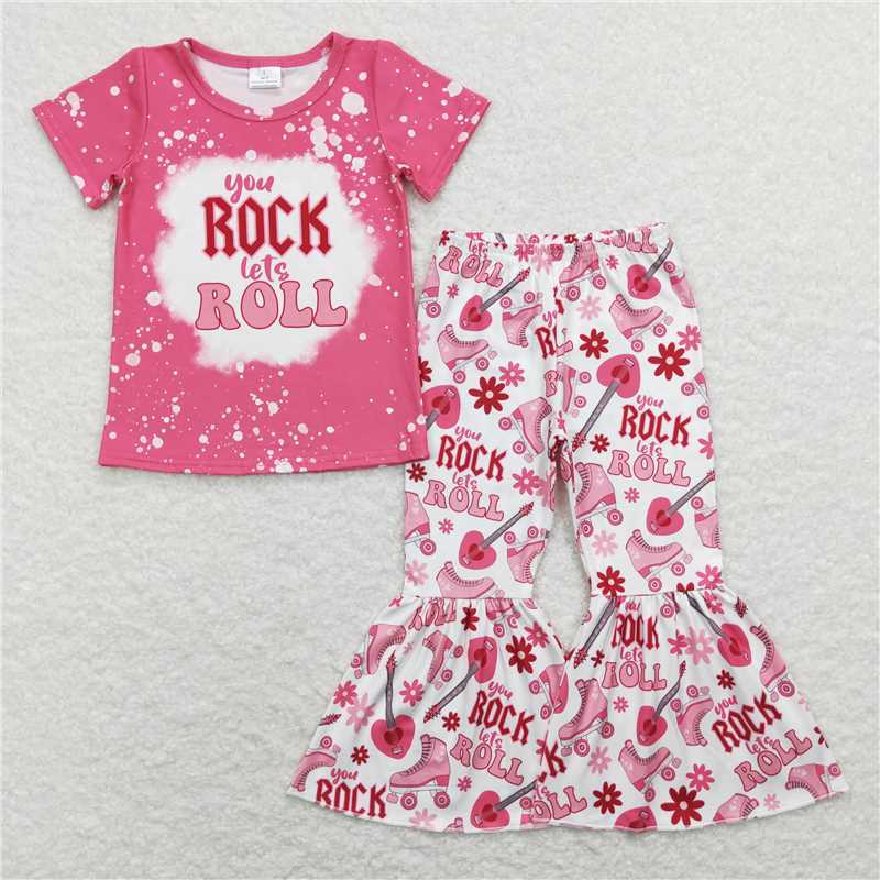 RTS NO MOQ GSPO1146 GSD0624 Pink letter high heels pattern short-sleeved flared pants suit & short-sleeved dress