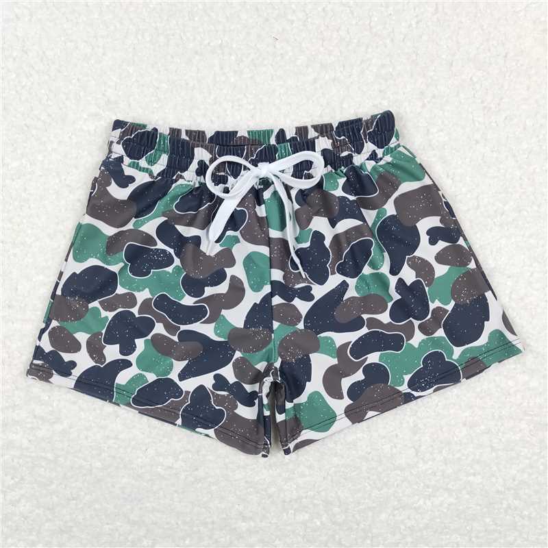 Beige swim trunks with brown and green camouflage