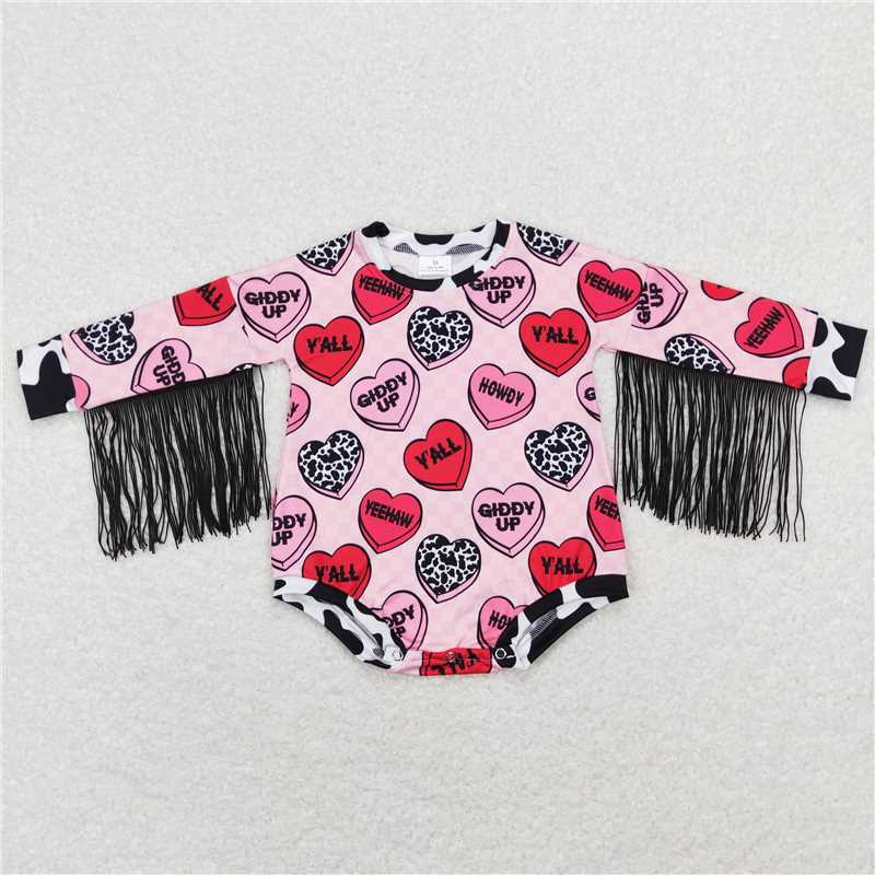 RTS NO MOQ Baby fringe short romper: animal print style & Valentine's Day heart print style