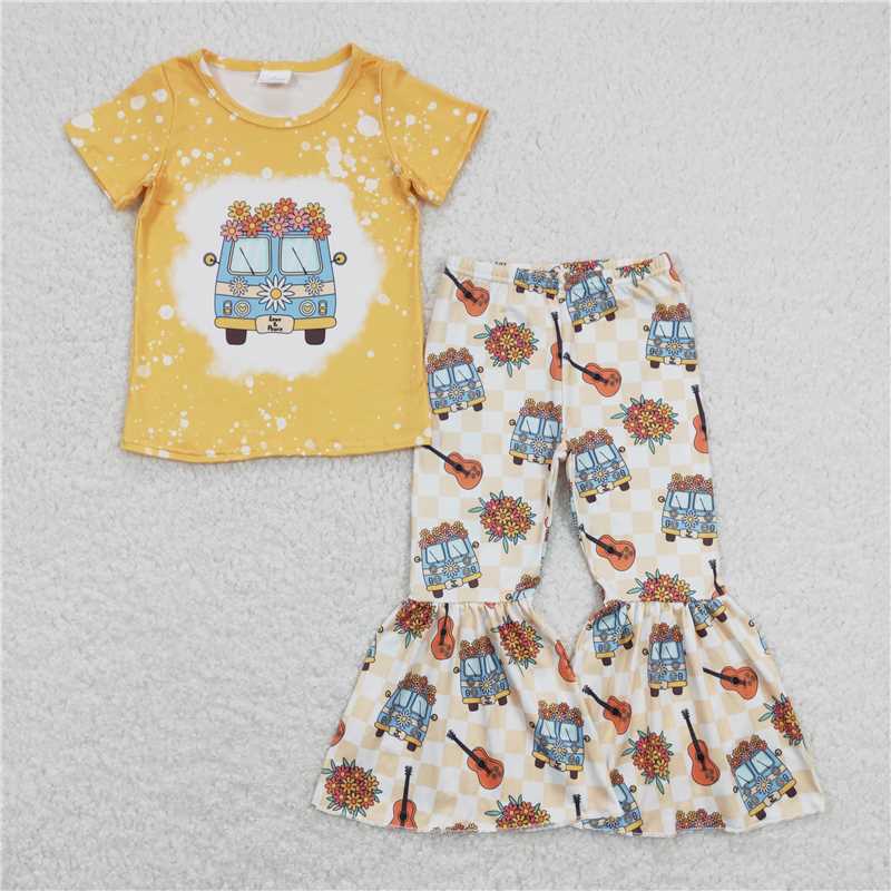 RTS NO MOQ GSD0816 GSPO1369 Yellow Short-Sleeved Flared Pants Set & Short-Sleeved Dress with Flower School Bus Pattern