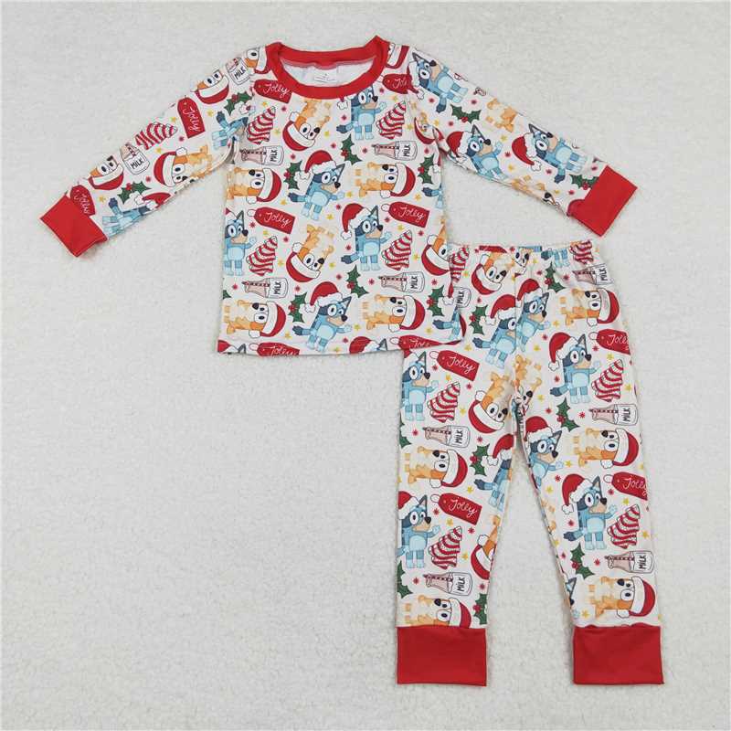 RTS NO MOQ BLP0821 GLP1752  Red Wooden Striped Christmas Tree - Puppy Pattern Boys Girls Long Sleeve Outfit