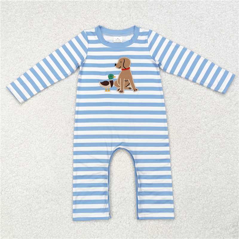 RTS NO MOQ LR1644 BT0808 LR1448  Blue Striped Long Sleeve Top & Climbing Suit with Embroidered Puppy Pattern