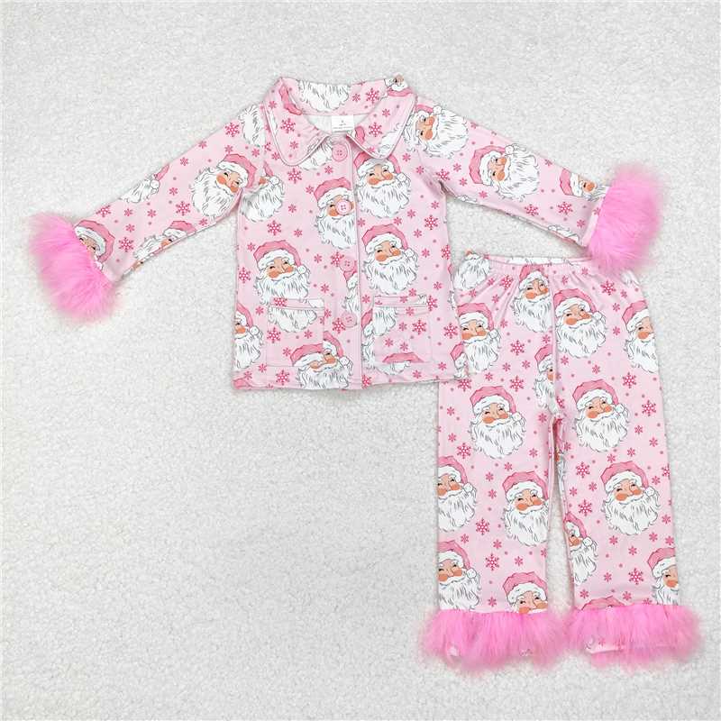 RTS NO MOQ GLP1901 GLP1900 Pink Cartoon Santa Claus Plush Cuffs-Buttons Long Sleeves and Long Pants Pajama Set: Adults & Children