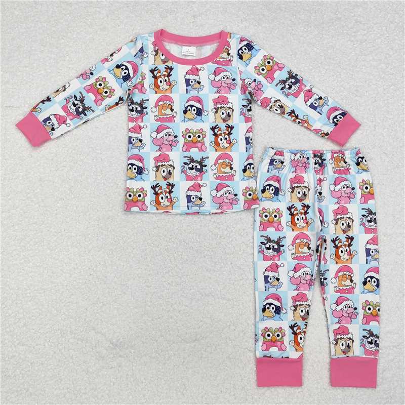 RTS NO MOQ GLP1805+LR1783 Baby kids pink Santa hat puppy blue and white plaid long-sleeved pants suit & romper