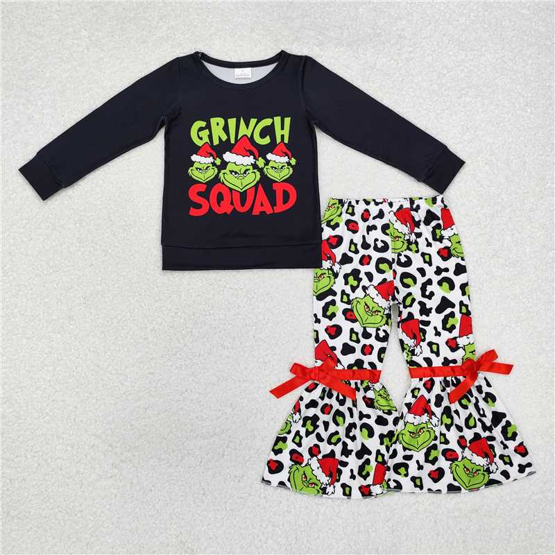 RTS NO MOQ Sibling baby girl clothes Christmas Long Sleeve Top-Bow Flared Pants Set