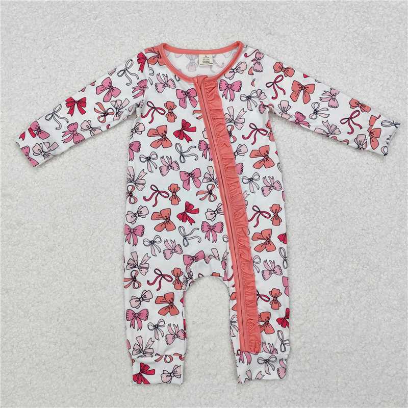 no moq sales LR1905 RTS baby girls clothes bow pink long sleeve Romper