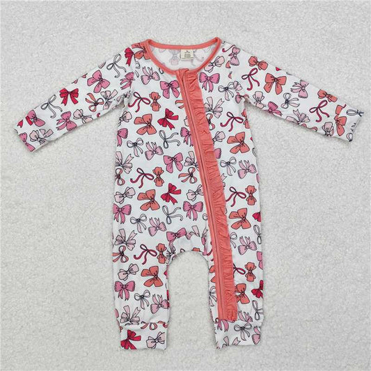 no moq sales LR1905 RTS baby girls clothes bow pink long sleeve Romper