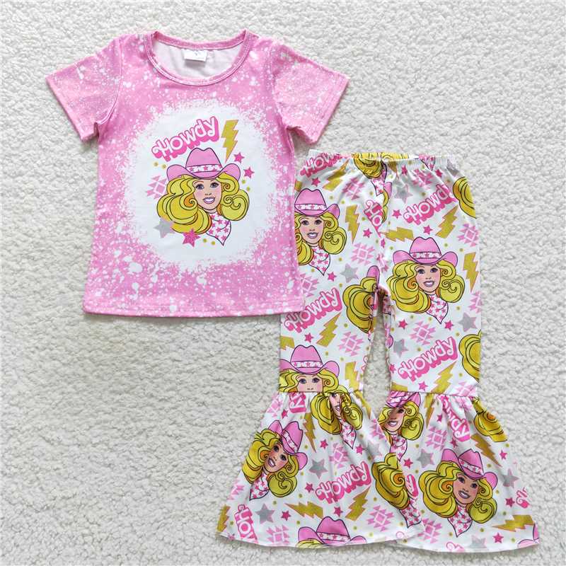 RTS NO MOQ Baby Girl Cartoon Barbie Short Sleeve Top Pants Set