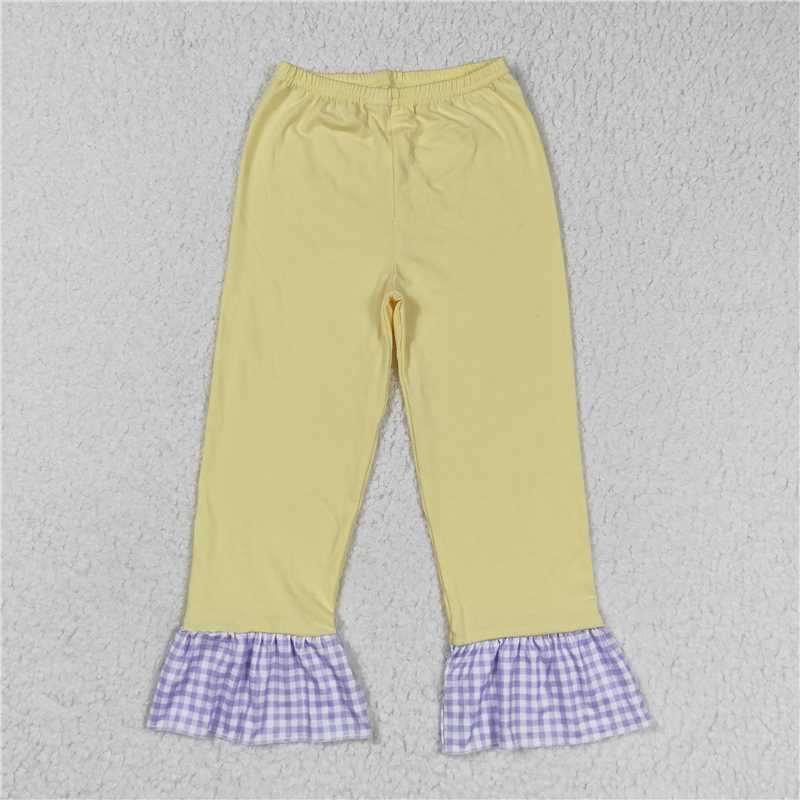 RTS SALES NO MOQ G6-5-4\/' Purple and white plaid lace yellow trousers