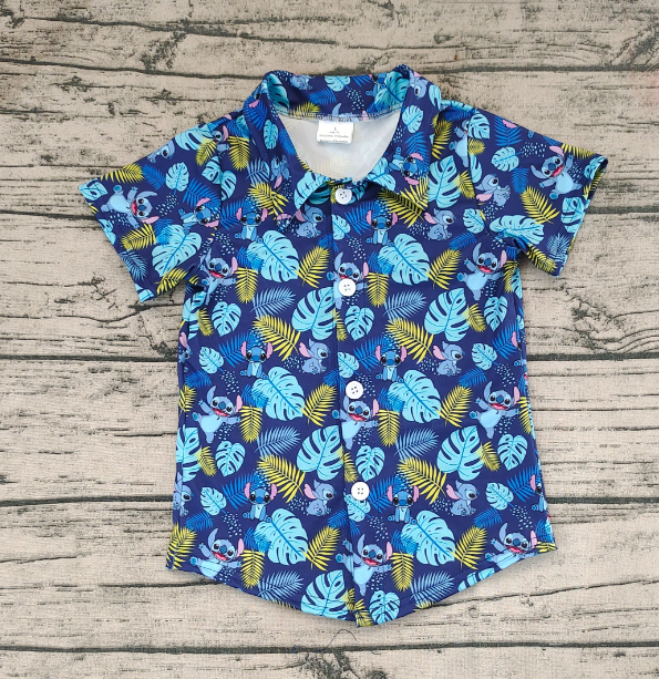 RTS  Cartoon Stitch Leaf Blue Flying Sleeve Dress Cartoon Stitch Leaves Blue Button Short Sleeve Top